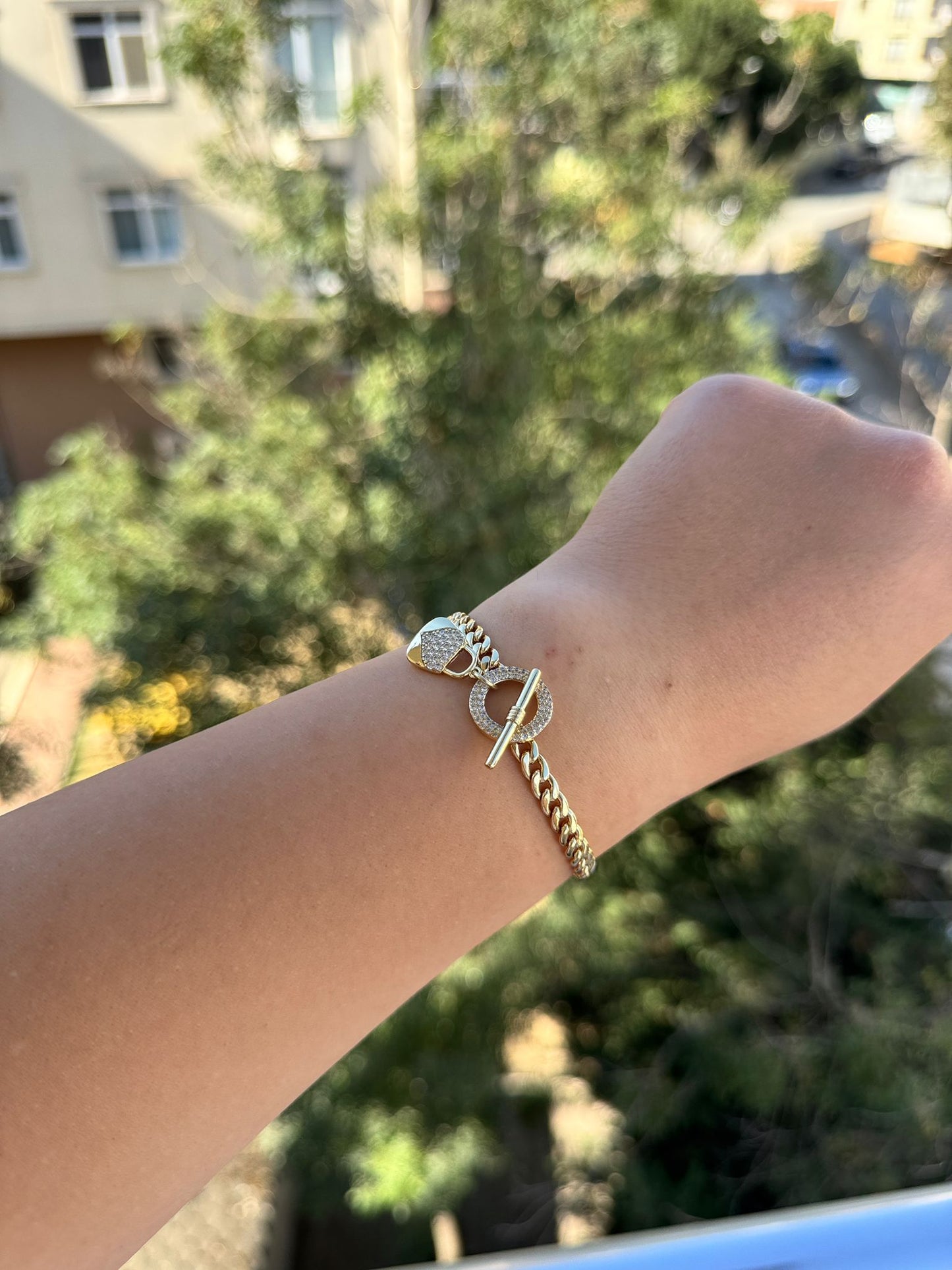 14K Altın Kaplama Zirkon Taşlı Zincir Kadın Bileklik Modeli