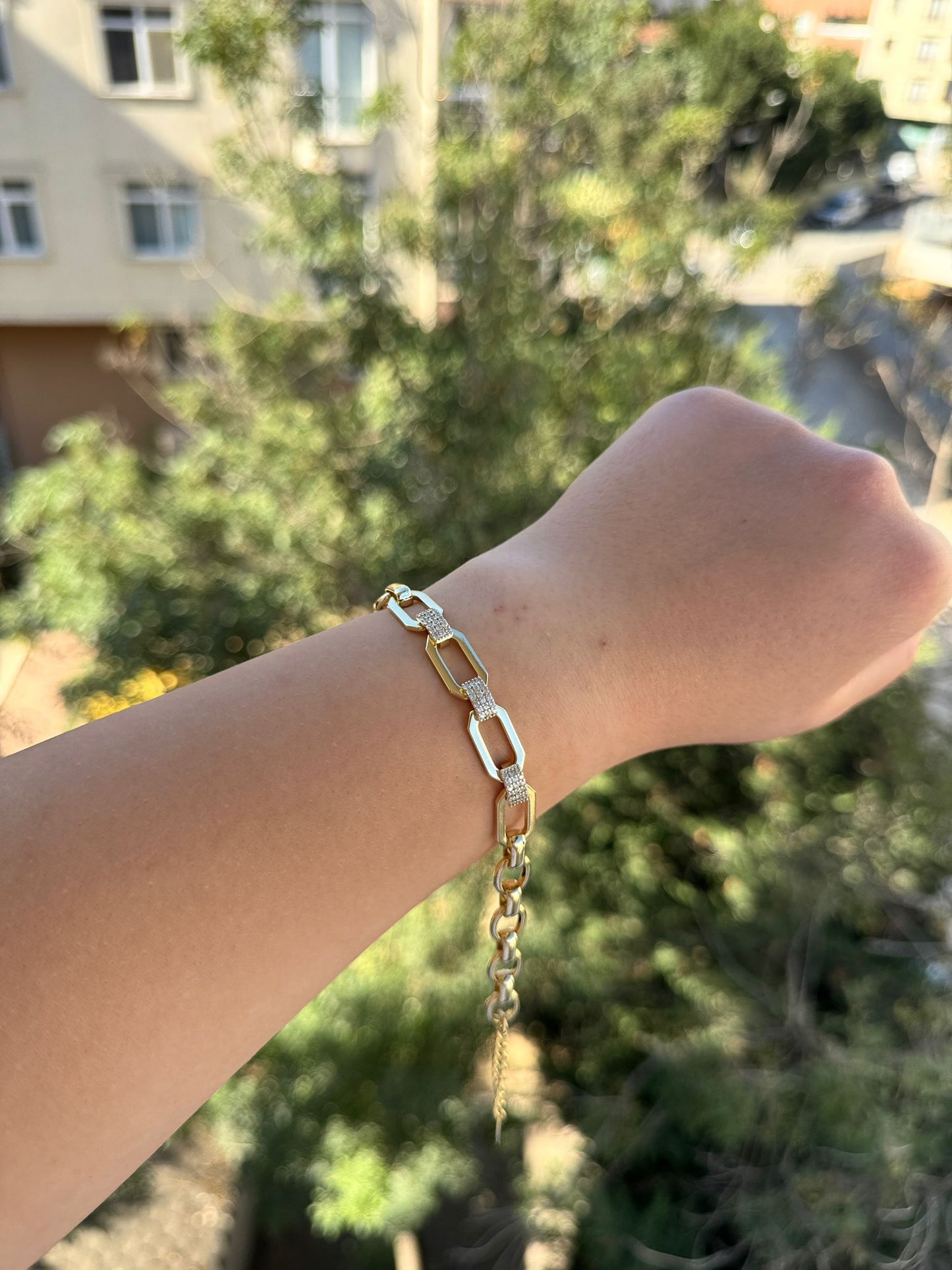 14K Altın Kaplama Zirkon Taşlı Dikdörtgen Halkalı Kadın Bileklik