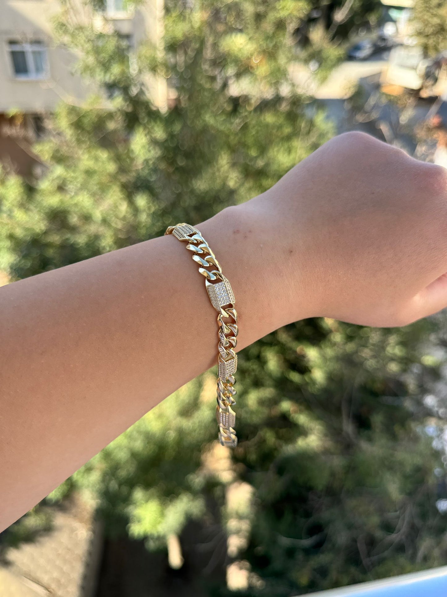 14K Altın Kaplama Zirkon Taşlı Kalın Zincir Kadın Bileklik