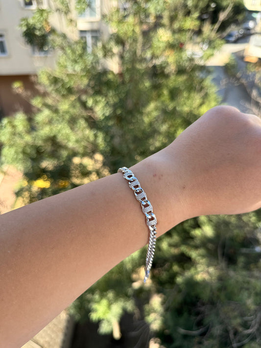 Gümüş Kaplama Zirkon Taşlı Zincir Halkalı Kadın Bileklik