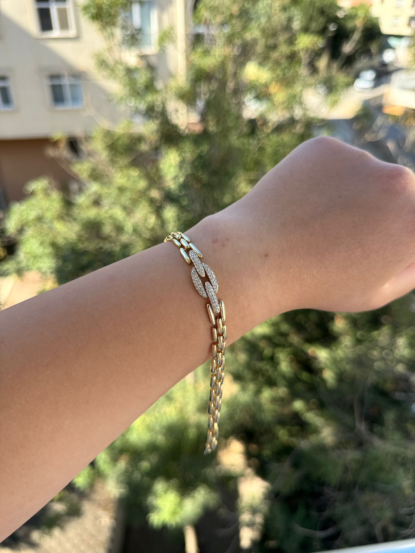 14K Altın Kaplama Zirkon Taşlı Oval Zincir Kadın Bileklik